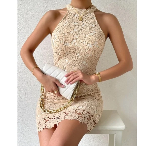 Boho Yellow Floral Lace Halter Mini Dress - Picture 2 of 3